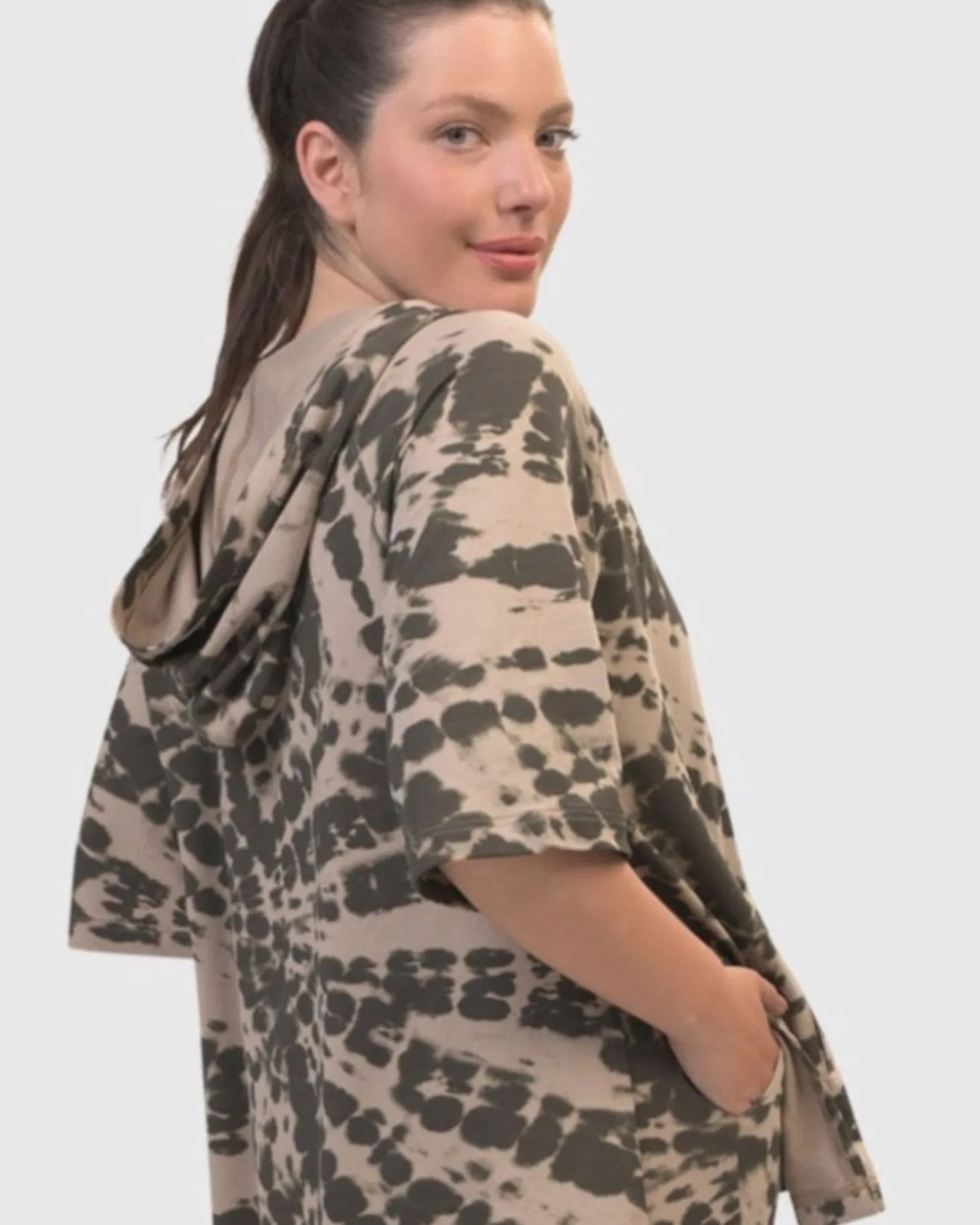 Inhale Hooded Hi-Lo Top, Stone Tie-Dye