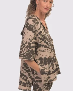 Inhale Hooded Hi-Lo Top, Stone Tie-Dye