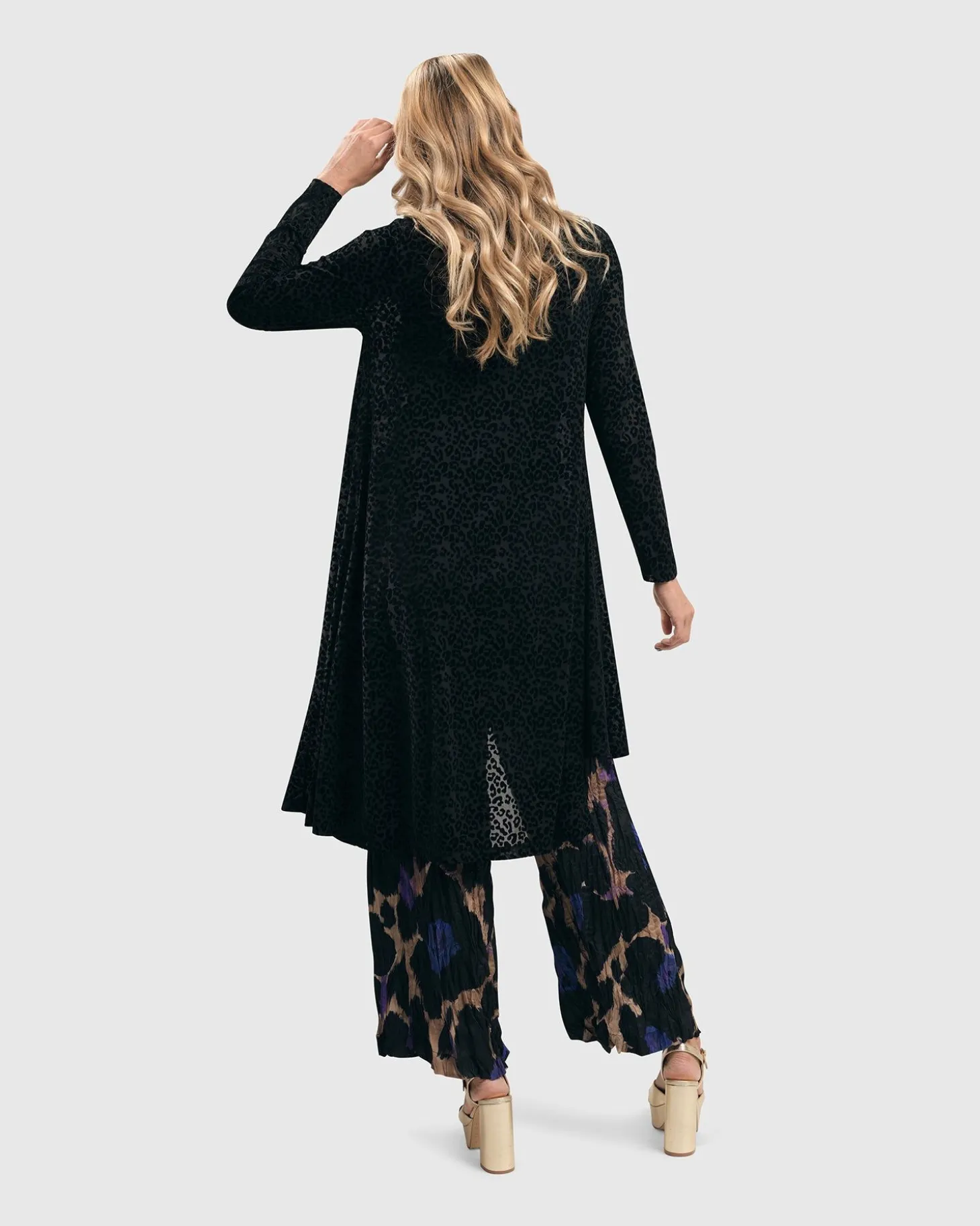 Leo Flocked Velvet Hi-Lo Tunic Top, Black