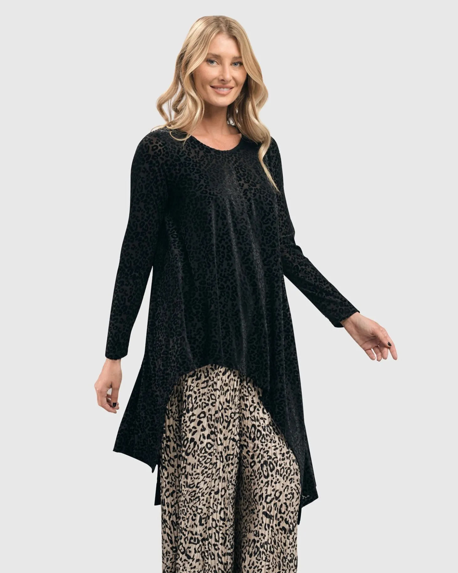 Leo Flocked Velvet Hi-Lo Tunic Top, Black