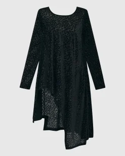 Leo Flocked Velvet Hi-Lo Tunic Top, Black