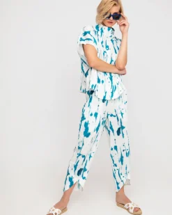 Ozai N Ku Island Linen Tulip Pants, White/Turquoise