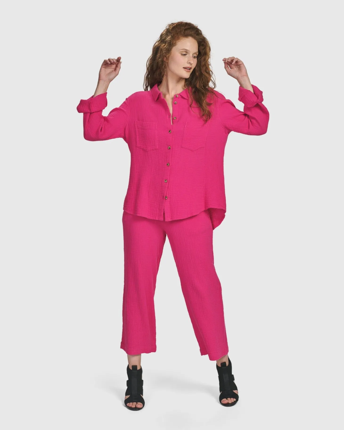 Recreation Button Down Top, Fuchsia