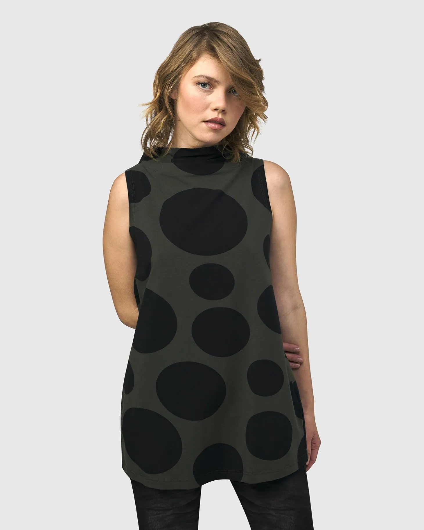 Urban Dots Sleeveless Mockneck Top, Khaki