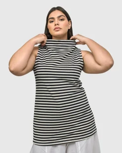 Urban Stripes Sleeveless Mockneck Top, Black